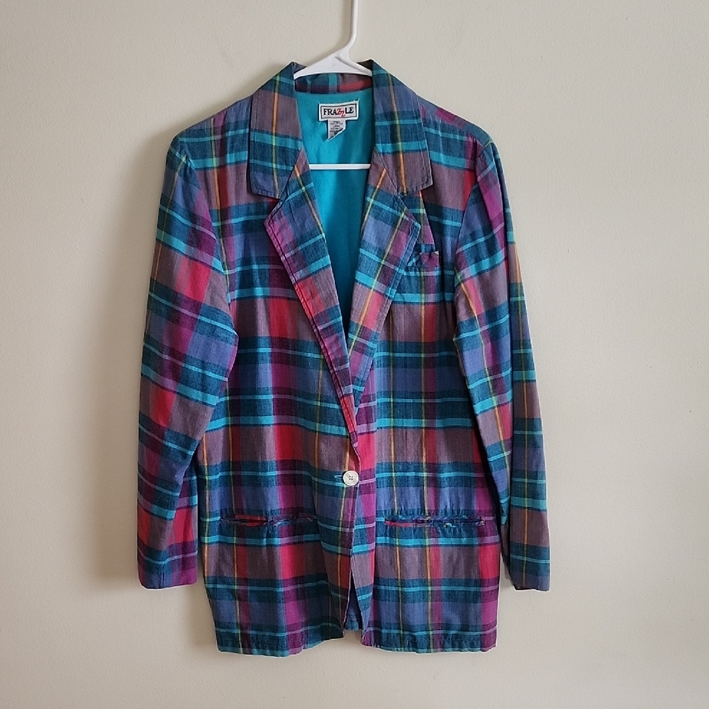 Frazzle Vintage Colorful Plaid Women's Blazer Unique Corky Funky Medium